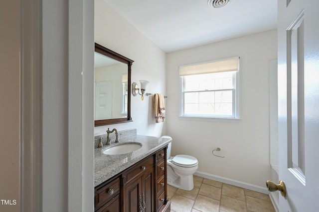 bathroom with toilet, visible vents, vanity, baseboards, and tile patterned floors