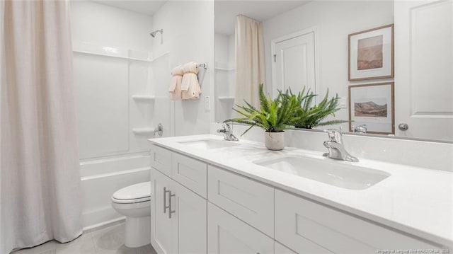 184 Hartfield Ave, Raeford, NC 28376 - full bath with toilet, double vanity, shower / tub combo with curtain, and tile patterned floors