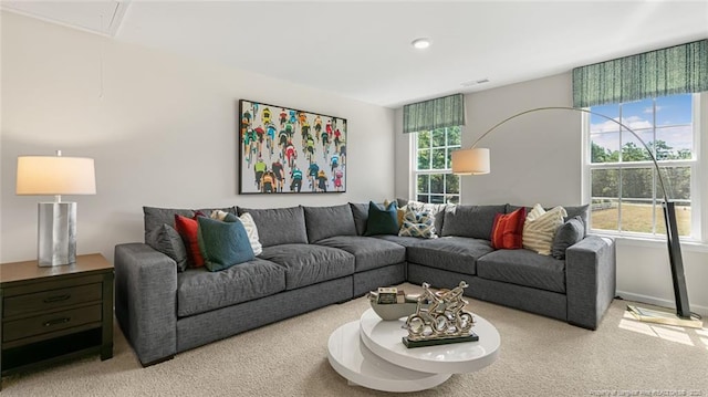 196 Hartfield Ave, Raeford, NC 28376 - living area featuring attic access, carpet flooring, and recessed lighting