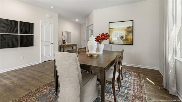 220 Hartfield Ave, Raeford, NC 28376 - dining room with dark wood-type flooring, baseboards, and recessed lighting