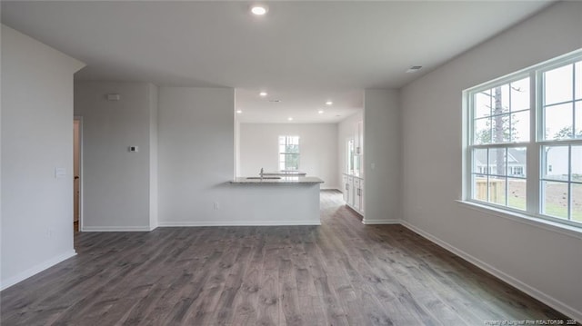 unfurnished living room with sink and dark hardwood / wood-style floors