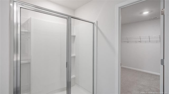 bathroom with a shower with shower door