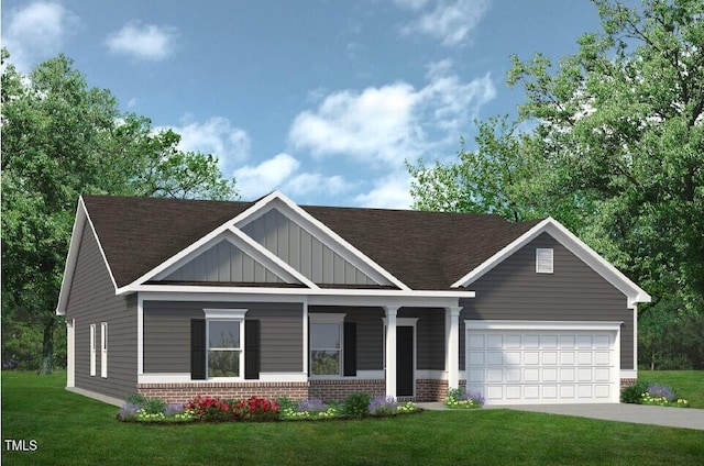 view of front of property with brick siding, concrete driveway, an attached garage, board and batten siding, and a front yard