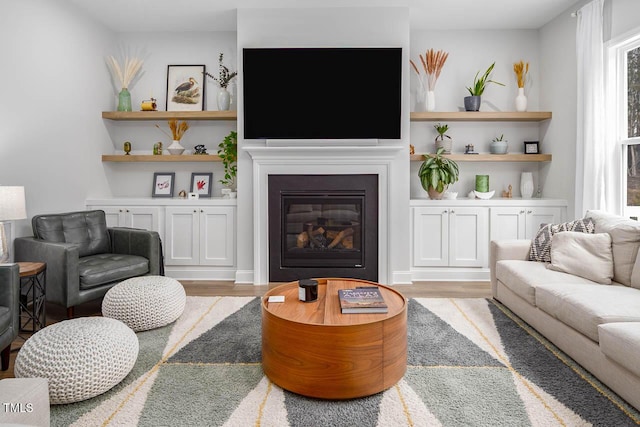 living area featuring a glass covered fireplace, built in features, wood finished floors, and a wealth of natural light