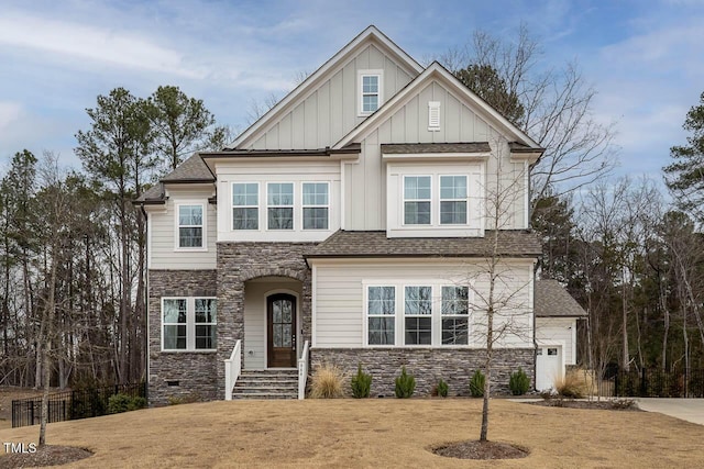 craftsman house featuring stone siding, board and batten siding, roof with shingles, and crawl space