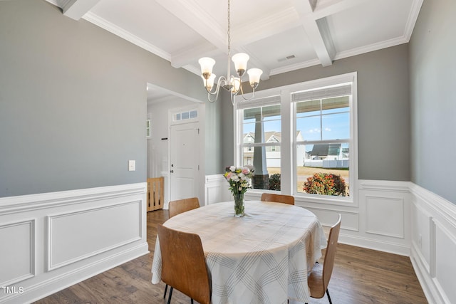dining room featuring an inviting chandelier, dark wood finished floors, coffered ceiling, beam ceiling, and visible vents