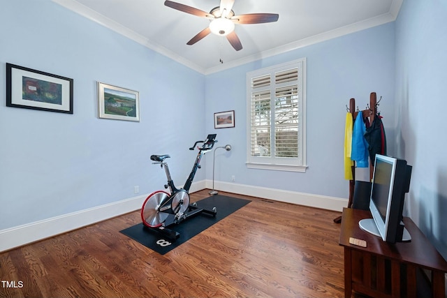 exercise area featuring dark wood-style floors, ceiling fan, baseboards, and crown molding