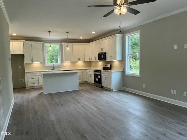 162 Kirkwall Ln, Selma, NC 27576 - kitchen featuring white cabinets, baseboards, a ceiling fan, crown molding, and appliances with stainless steel finishes