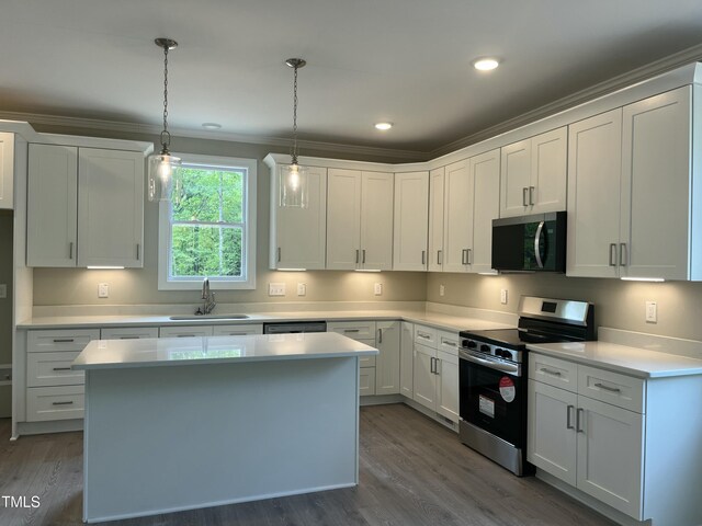 162 Kirkwall Ln, Selma, NC 27576 - kitchen featuring a sink, dark wood finished floors, crown molding, light countertops, and appliances with stainless steel finishes