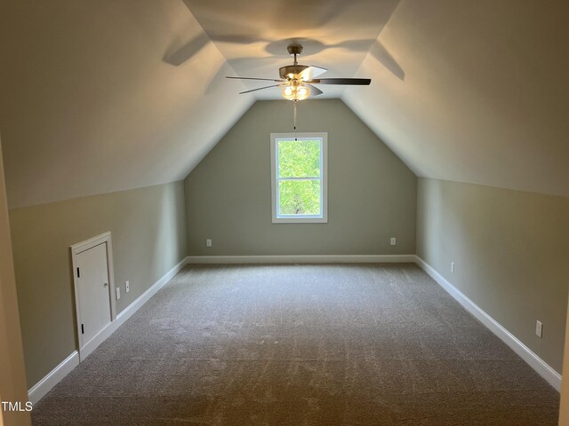 162 Kirkwall Ln, Selma, NC 27576 - bonus room with vaulted ceiling, a ceiling fan, carpet flooring, and baseboards