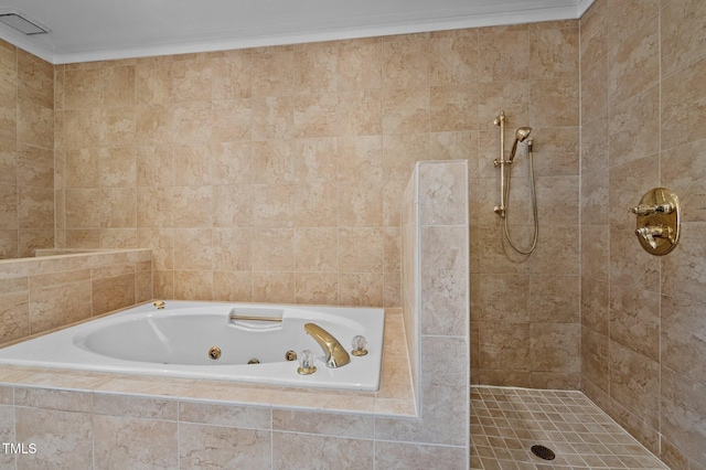 bathroom featuring a jetted tub, a tile shower, and visible vents