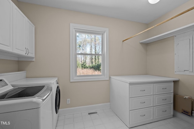 clothes washing area featuring cabinet space, electric panel, baseboards, visible vents, and washer and clothes dryer