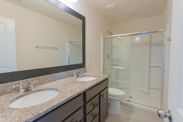 full bathroom with a stall shower, a sink, toilet, and double vanity