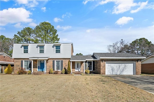 view of front facade featuring a garage, concrete driveway, brick siding, and a front lawn