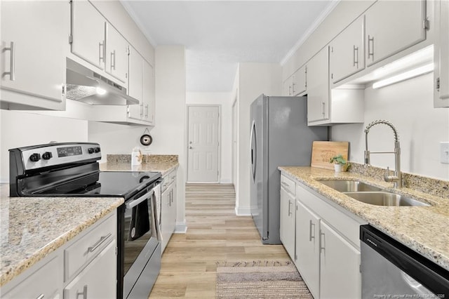 kitchen with under cabinet range hood, stainless steel appliances, a sink, white cabinets, and light wood finished floors