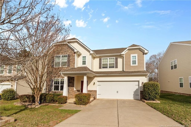 craftsman house with a garage, stone siding, a front lawn, and concrete driveway