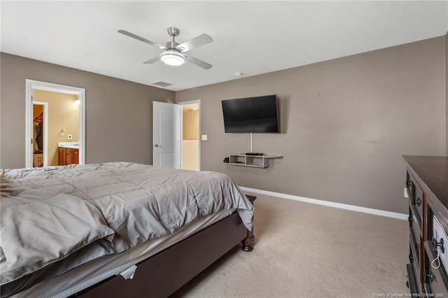 bedroom with a ceiling fan, light colored carpet, visible vents, and baseboards