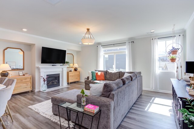 living room featuring ornamental molding, a high end fireplace, visible vents, and wood finished floors