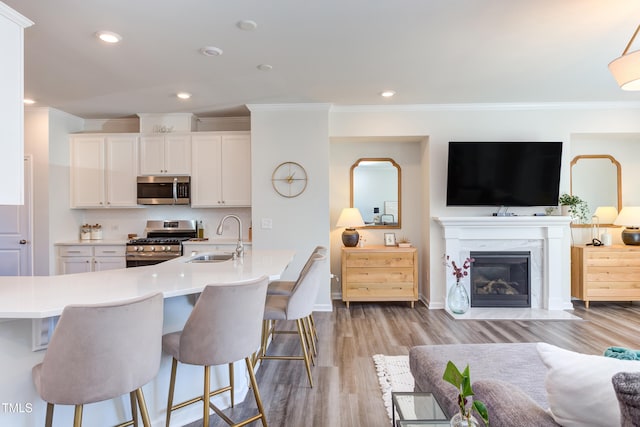 kitchen featuring appliances with stainless steel finishes, open floor plan, light countertops, white cabinetry, and a sink