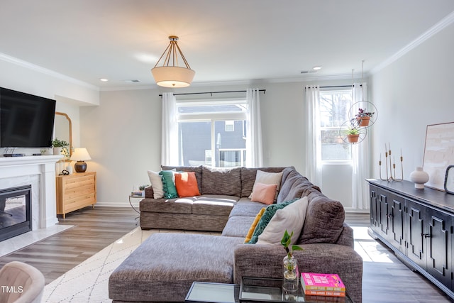 living room with recessed lighting, a premium fireplace, wood finished floors, baseboards, and ornamental molding