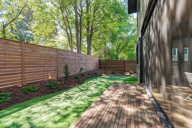 wooden deck with a fenced backyard and a lawn