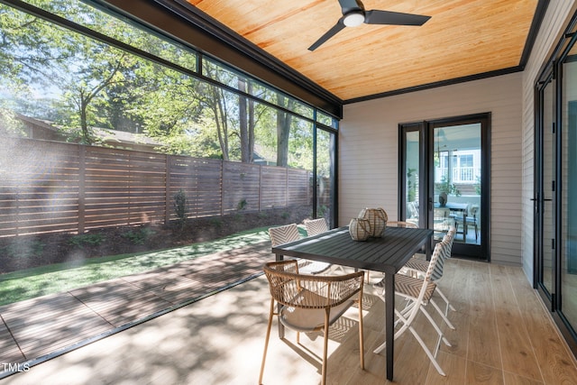 unfurnished sunroom with wooden ceiling and ceiling fan