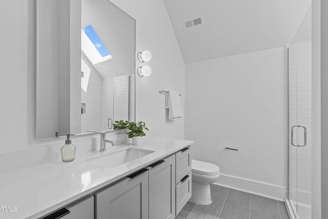 full bathroom with visible vents, toilet, lofted ceiling with skylight, a stall shower, and vanity