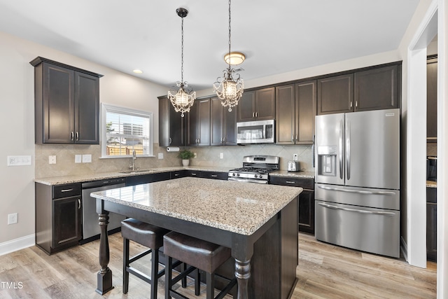 kitchen featuring dark brown cabinetry, appliances with stainless steel finishes, a center island, pendant lighting, and a sink