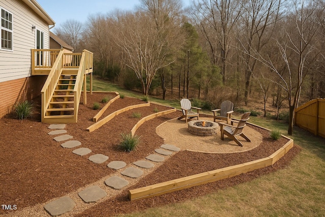 4319 White Cliff Ln, Durham, NC 27712 - view of yard with a fire pit, stairs, and a deck