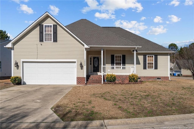 traditional-style house featuring covered porch, driveway, a shingled roof, and crawl space