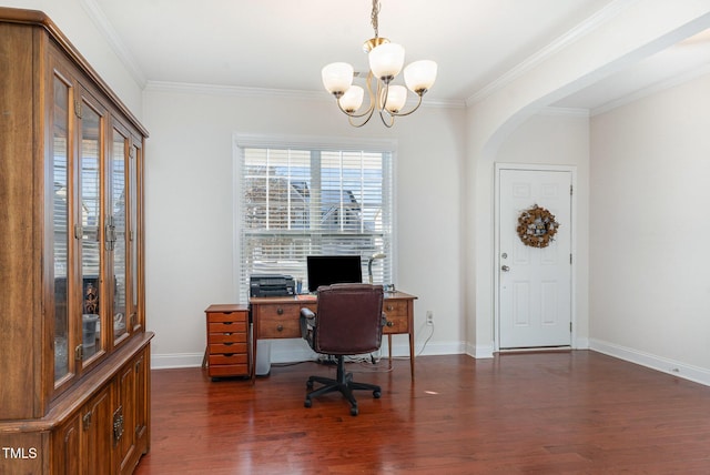 office with baseboards, arched walkways, ornamental molding, dark wood-type flooring, and an inviting chandelier