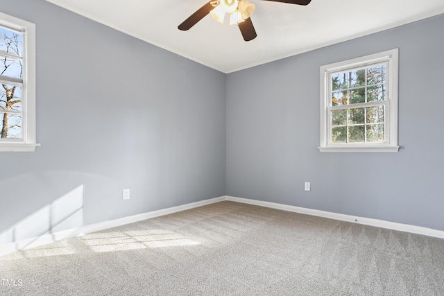 carpeted spare room with ornamental molding, a ceiling fan, and baseboards