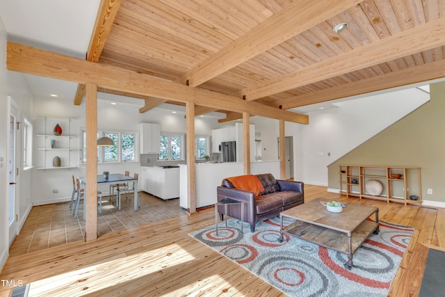 living room with beam ceiling, visible vents, light wood-type flooring, wooden ceiling, and baseboards