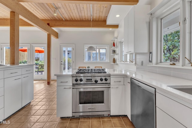 kitchen featuring beam ceiling, light tile patterned floors, backsplash, appliances with stainless steel finishes, and a peninsula