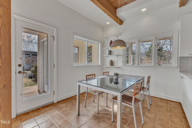 dining room featuring recessed lighting, beam ceiling, baseboards, and light tile patterned floors