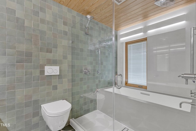 full bath featuring wood ceiling, a tile shower, toilet, and tile walls