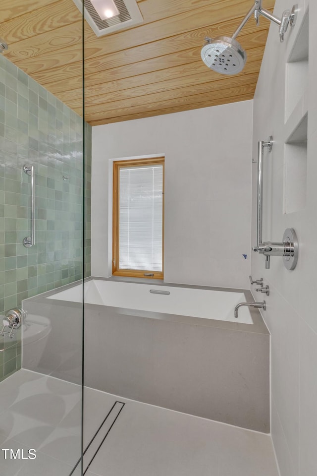 full bathroom with wood ceiling, visible vents, a shower, and a bath