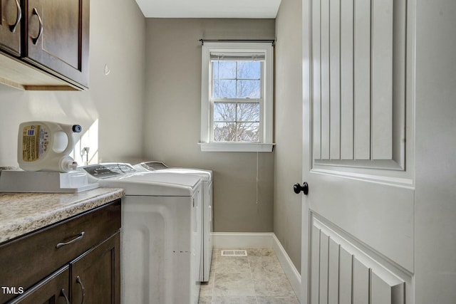 laundry room with visible vents, washer and clothes dryer, cabinet space, and baseboards