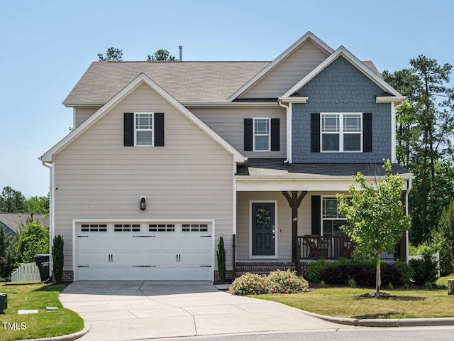 view of front of house featuring covered porch, a garage, concrete driveway, and a front yard