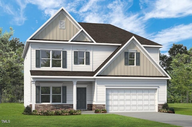 craftsman inspired home with stone siding, a front yard, board and batten siding, and concrete driveway