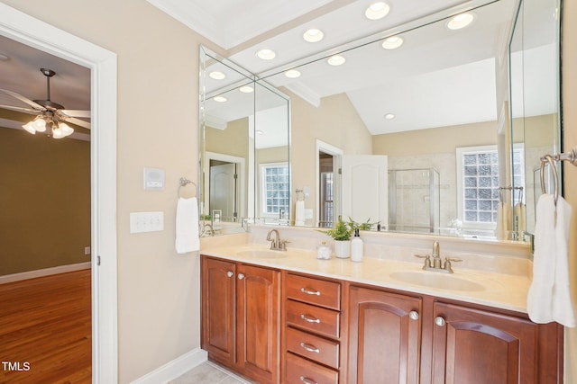 full bathroom featuring a sink, double vanity, a shower stall, and a healthy amount of sunlight