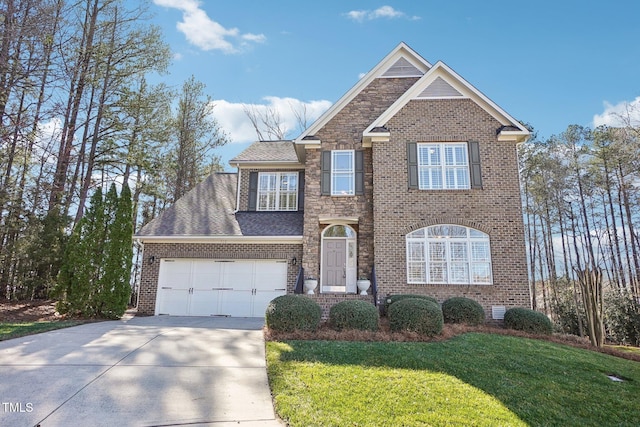 view of front facade featuring brick siding, concrete driveway, a front yard, a garage, and stone siding