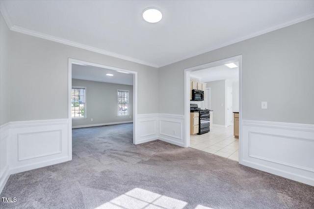 empty room with a wainscoted wall, a decorative wall, crown molding, and light colored carpet