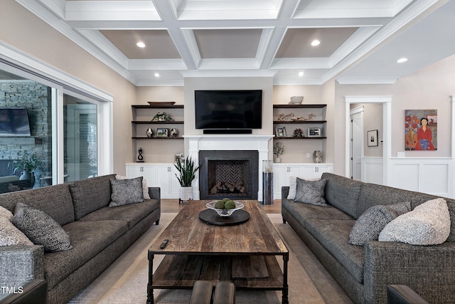 living area with a fireplace, recessed lighting, light wood-type flooring, coffered ceiling, and beamed ceiling