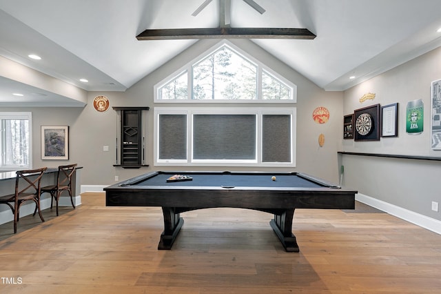 playroom featuring lofted ceiling, plenty of natural light, billiards, and wood finished floors