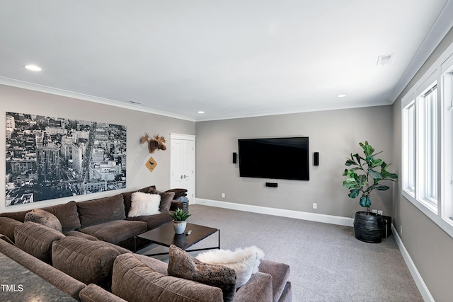 living area with recessed lighting, carpet floors, visible vents, baseboards, and ornamental molding