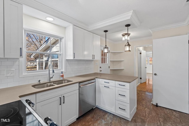 kitchen with open shelves, stainless steel dishwasher, a sink, and white cabinets