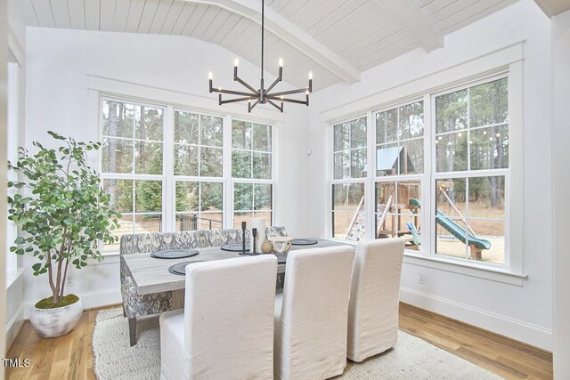 dining area with lofted ceiling with beams, an inviting chandelier, a healthy amount of sunlight, wood finished floors, and baseboards