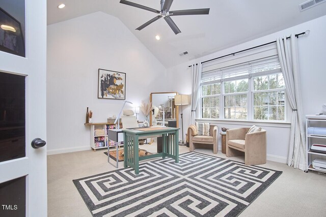 home office featuring baseboards, high vaulted ceiling, visible vents, and light colored carpet