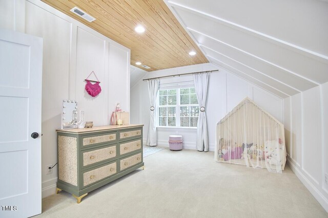 rec room featuring lofted ceiling, recessed lighting, light colored carpet, visible vents, and wood ceiling